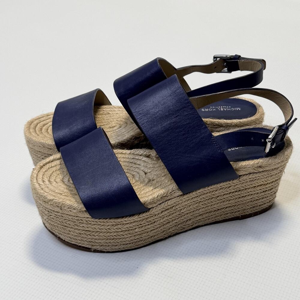 Michael Kors Collection Sandals Womens Size 8 Blue Leather Espadrille Wedge